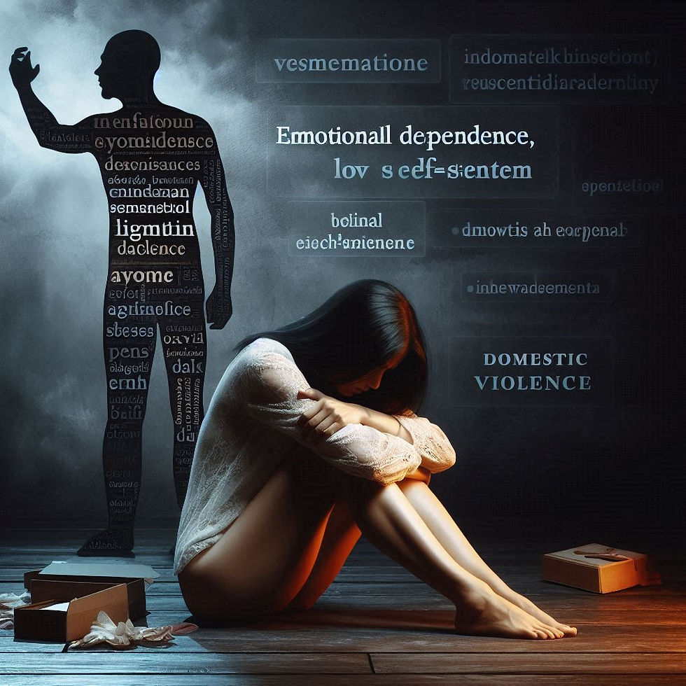 Mulher sofrendo violência doméstica, dependência emocional e baixa autoestima.