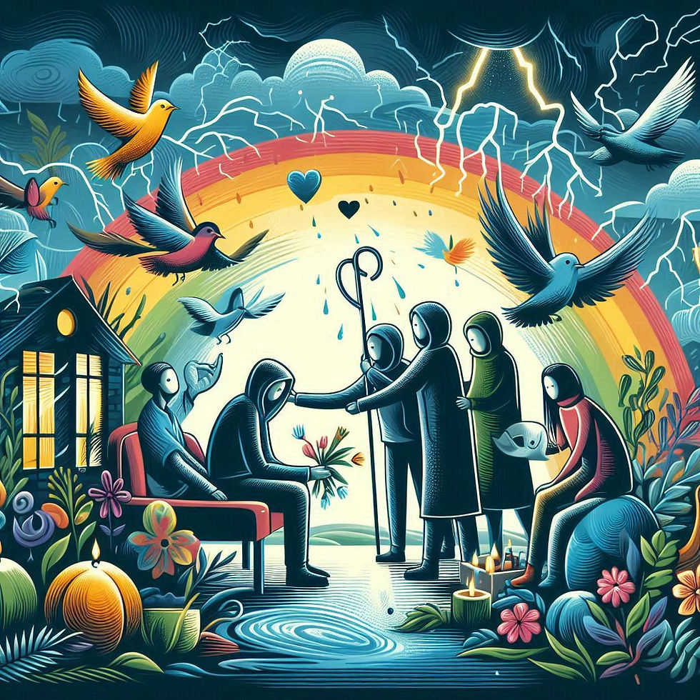 Ilustração: Família consolando pessoa em luto, arco-íris e pássaros