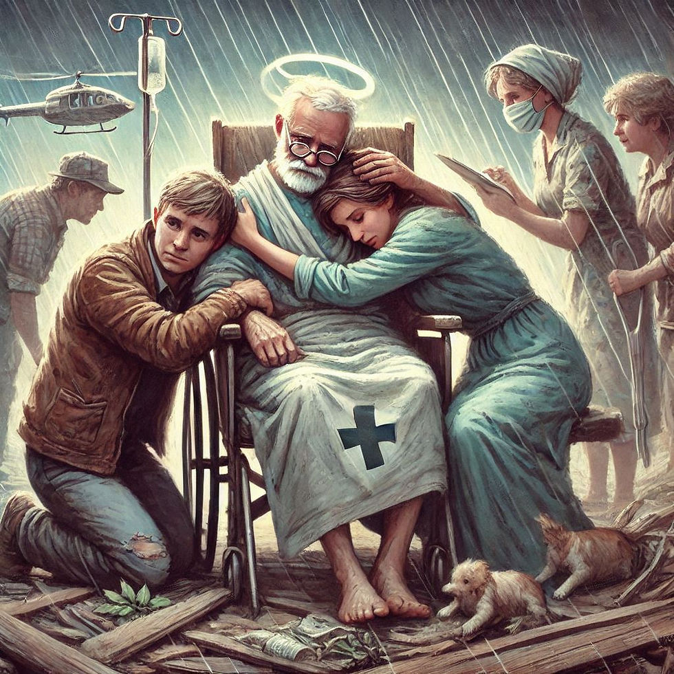 Imagem de um homem idoso em cadeira de rodas, cercado por pessoas em sofrimento, chuva e destroços.