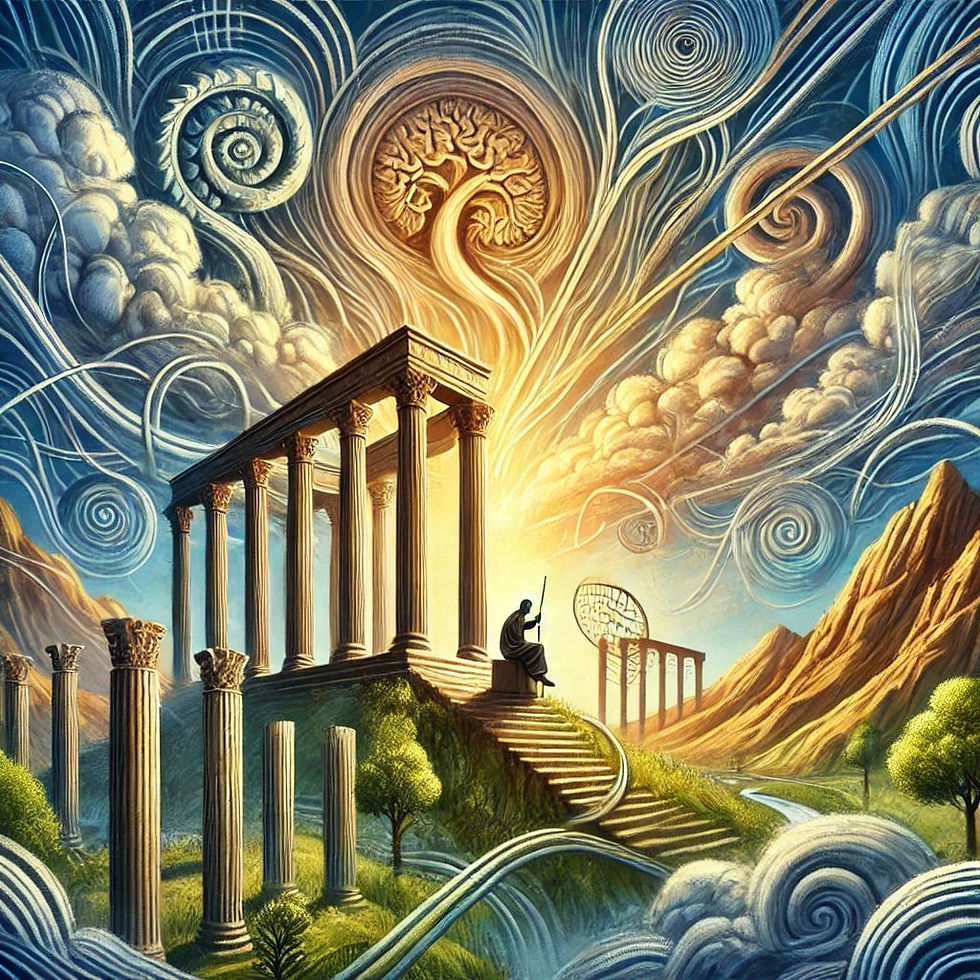 Figura contemplativa em templo antigo, cenário surreal