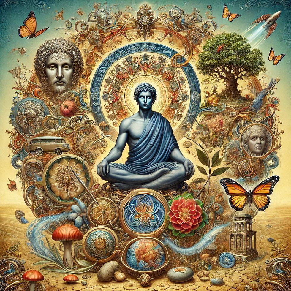 Figura meditando em mandala complexa com elementos naturais e mitológicos