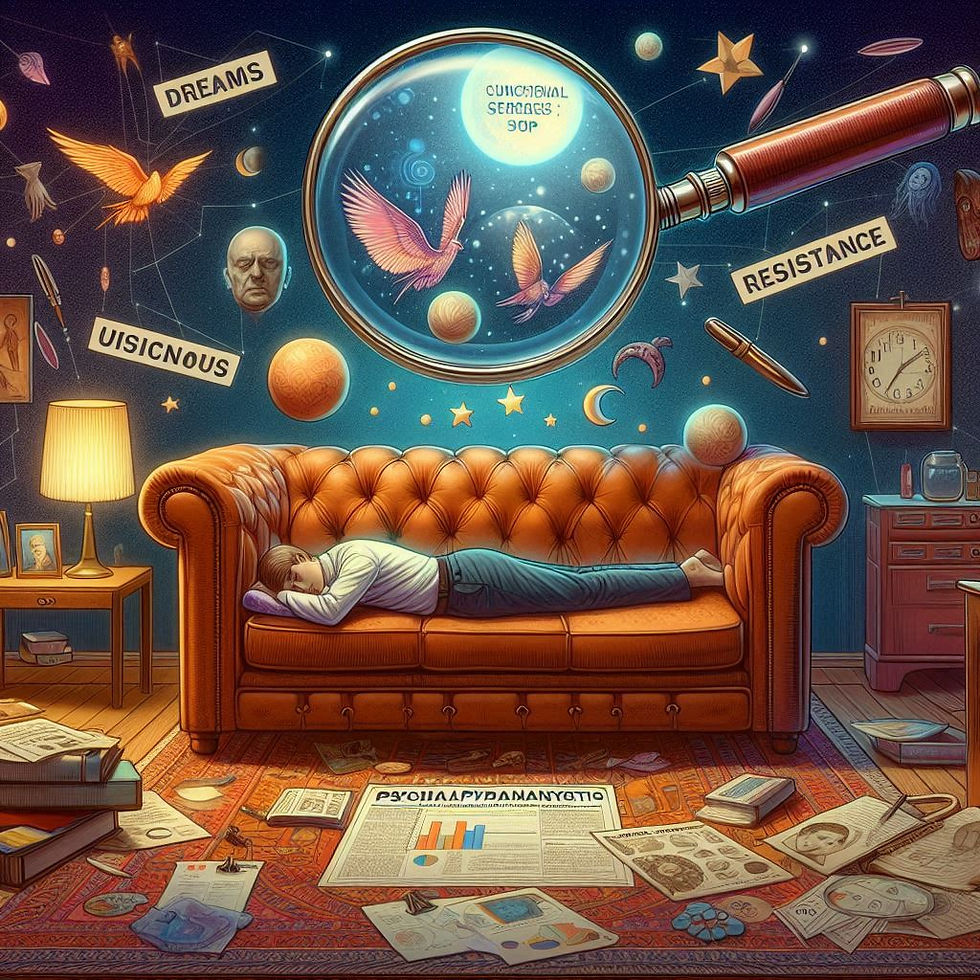 Ilustração: Pessoa relaxando em sofá, universo em lupa.  Neuropsionline