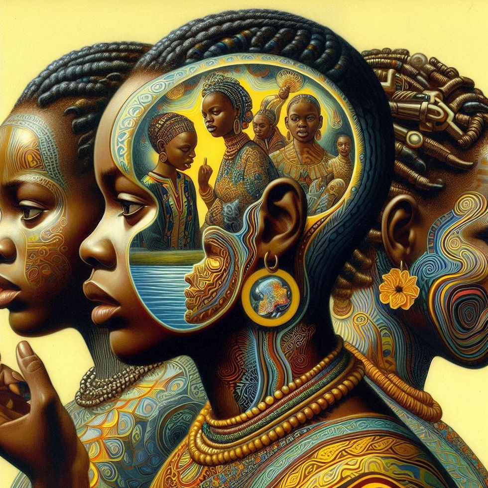 Três jovens mulheres, pintura surrealista, reflexões internas