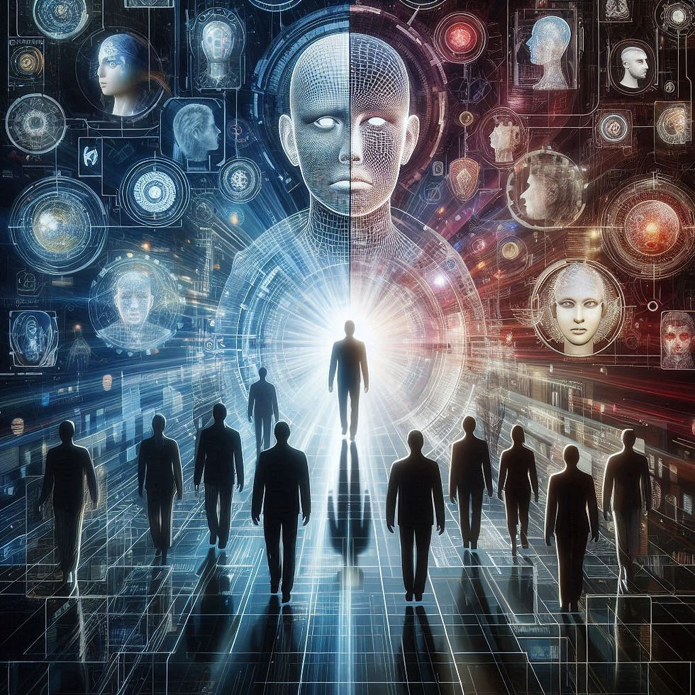 Imagem abstrata: figuras humanas seguindo rosto andróide; Neuropsionline