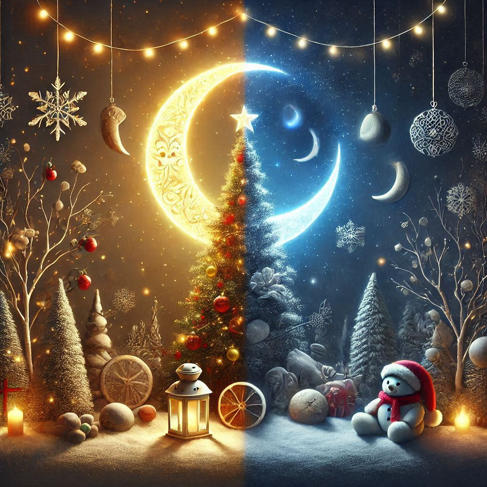Árvore de Natal iluminada, lua crescente, neve
