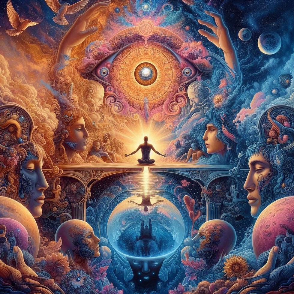 Arte abstrata: figura meditando, seres místicos, universo