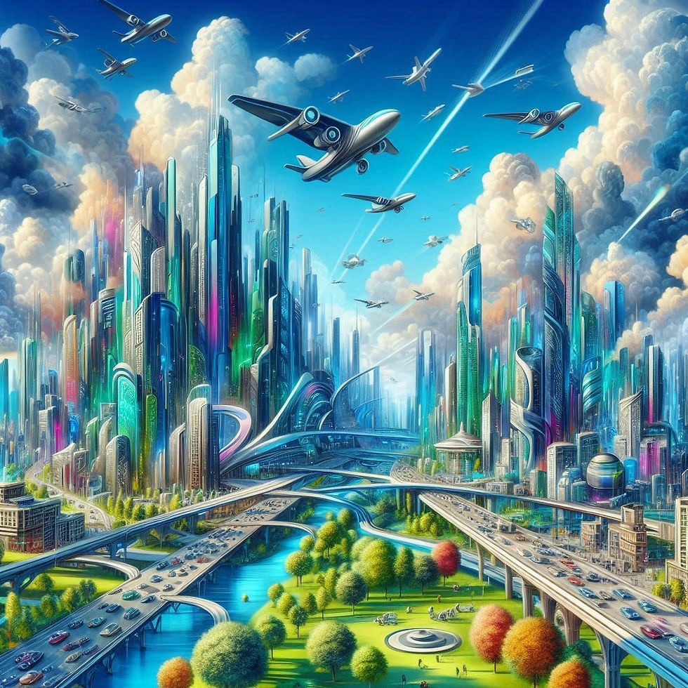 Cidade futurista vibrante com muitos aviões voando