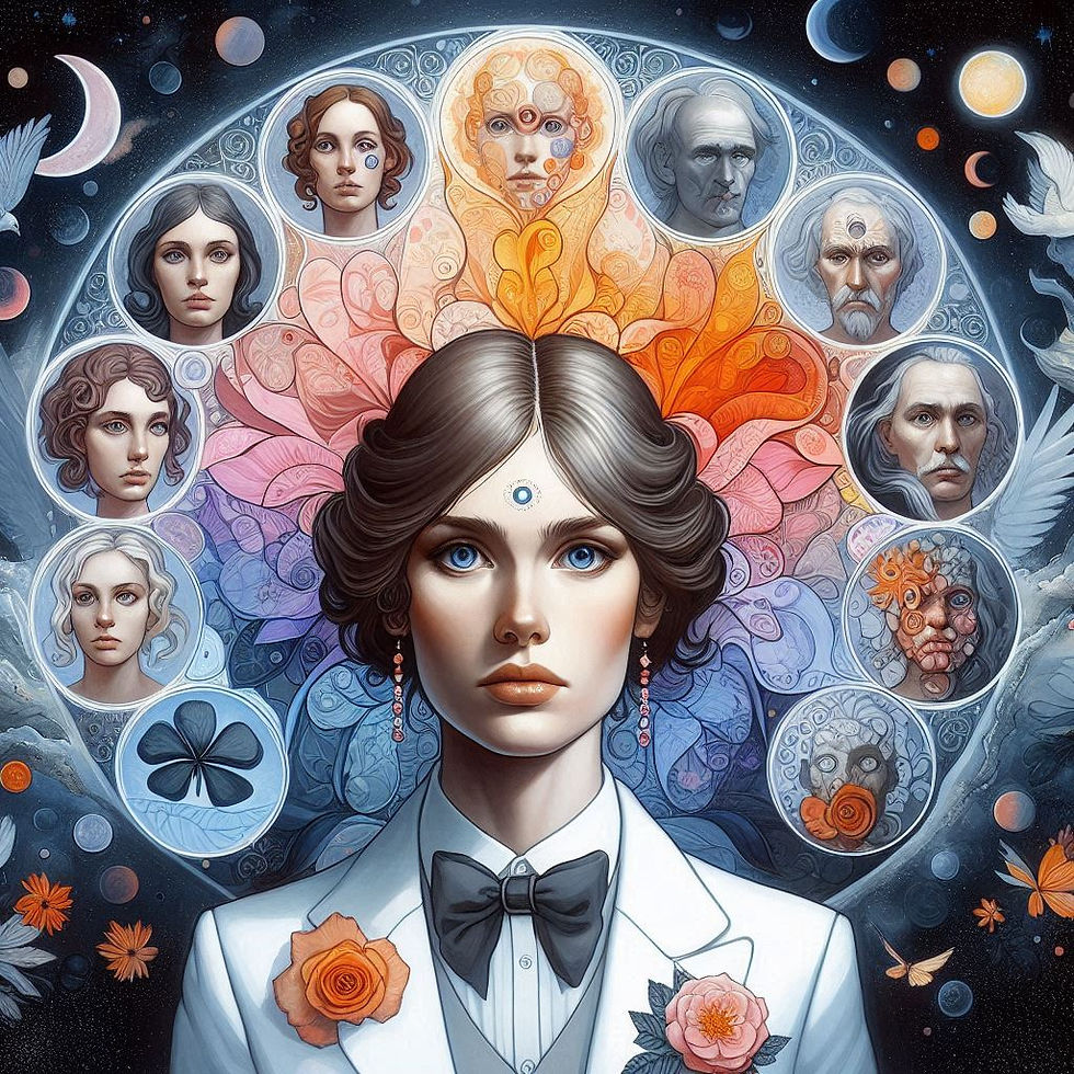 Retrato feminino em estilo art nouveau, cercada por figuras místicas.