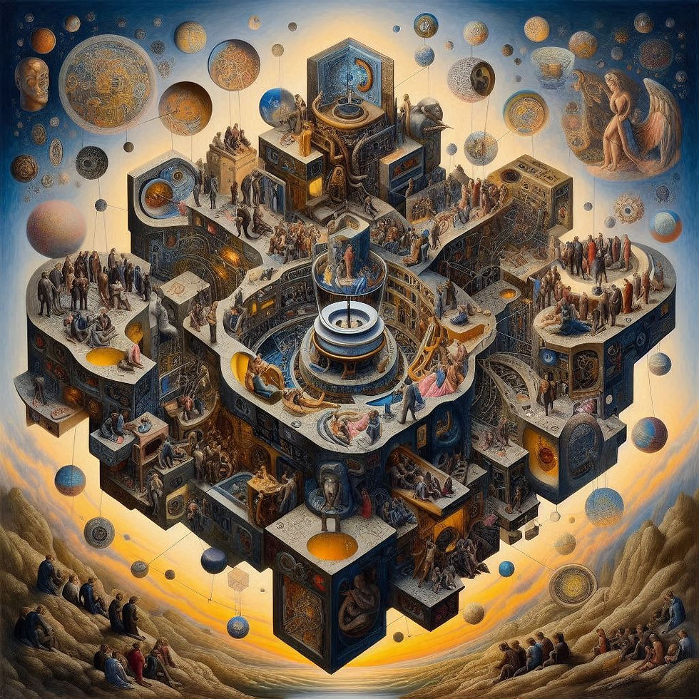 Pintura surreal de universo complexo com figuras humanas e planetas. 