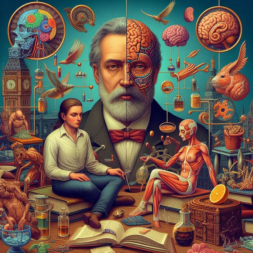 Retrato de Sigmund Freud com aluno, rodeado de elementos científicos e simbólicos.