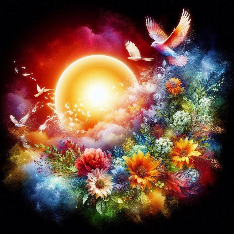 Flores vibrantes, pássaros em voo, sol radiante: cena surrealista