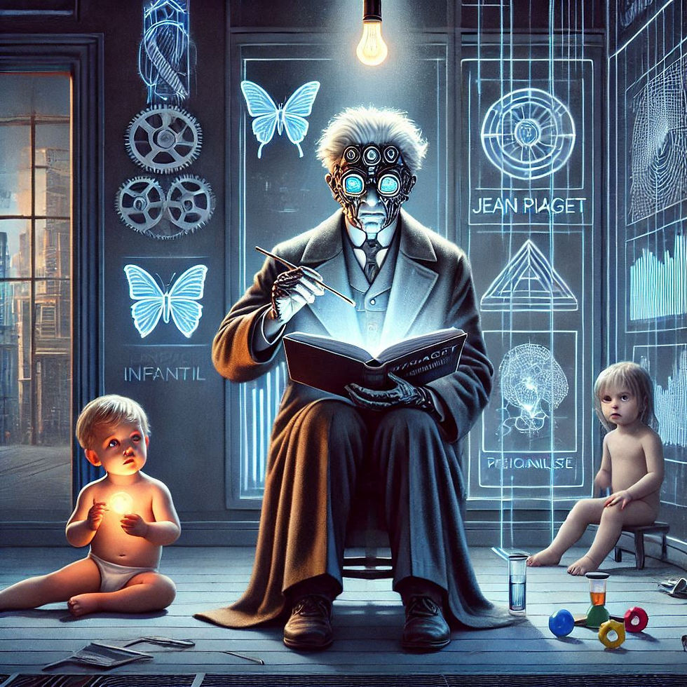 Professor misterioso lendo livro antigo, crianças próximas, Jean Piaget