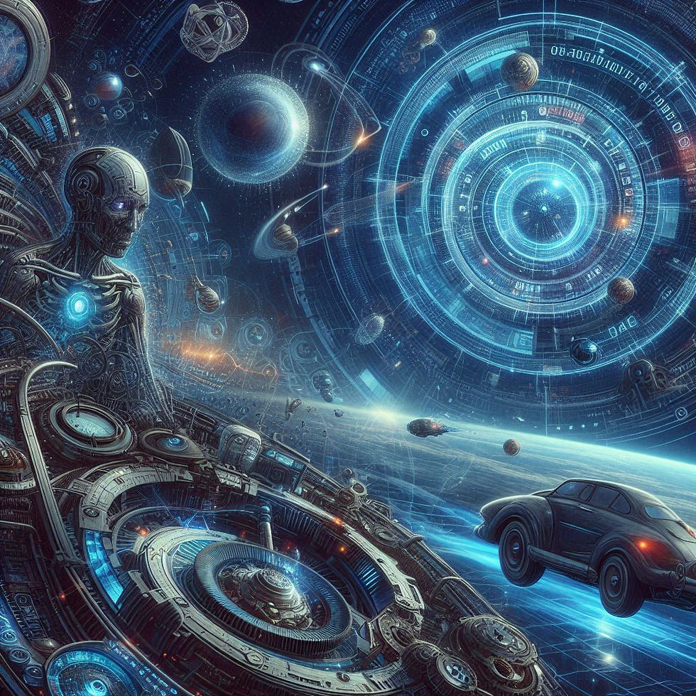 Robô em cenário espacial futurista, nave e planetas