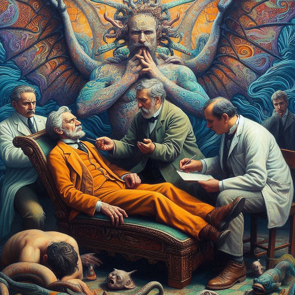 Médicos examinam paciente; figura demoníaca; Neuropsionline