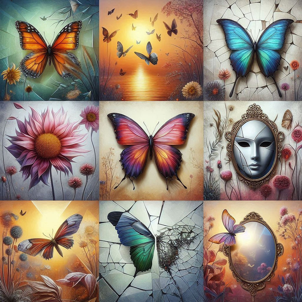 Mosaico de borboletas coloridas e flores