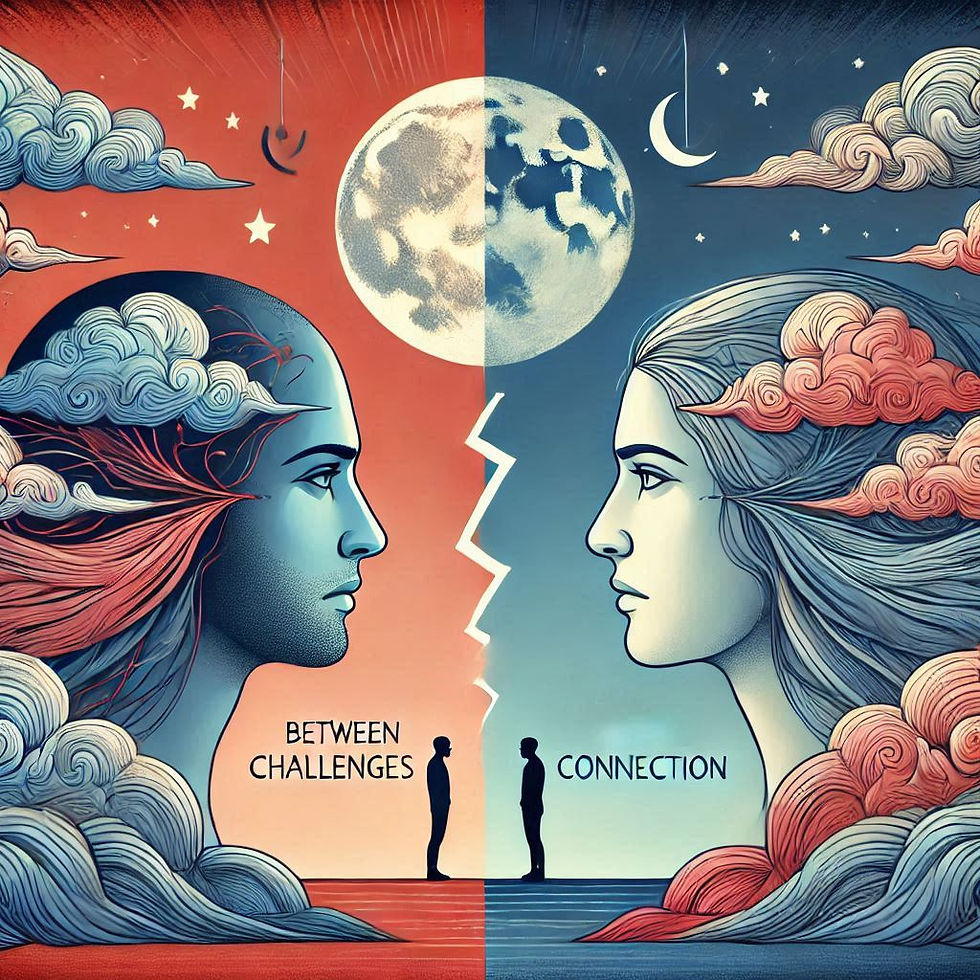 Desafio e Conexão: ilustração de duas pessoas, separadas por uma fenda, olhando uma para a outra