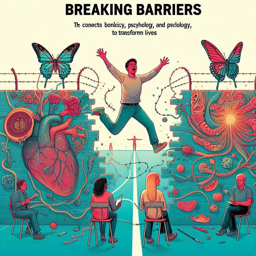 Homem ultrapassa barreiras, borboletas, DNA; "Breaking Barriers"