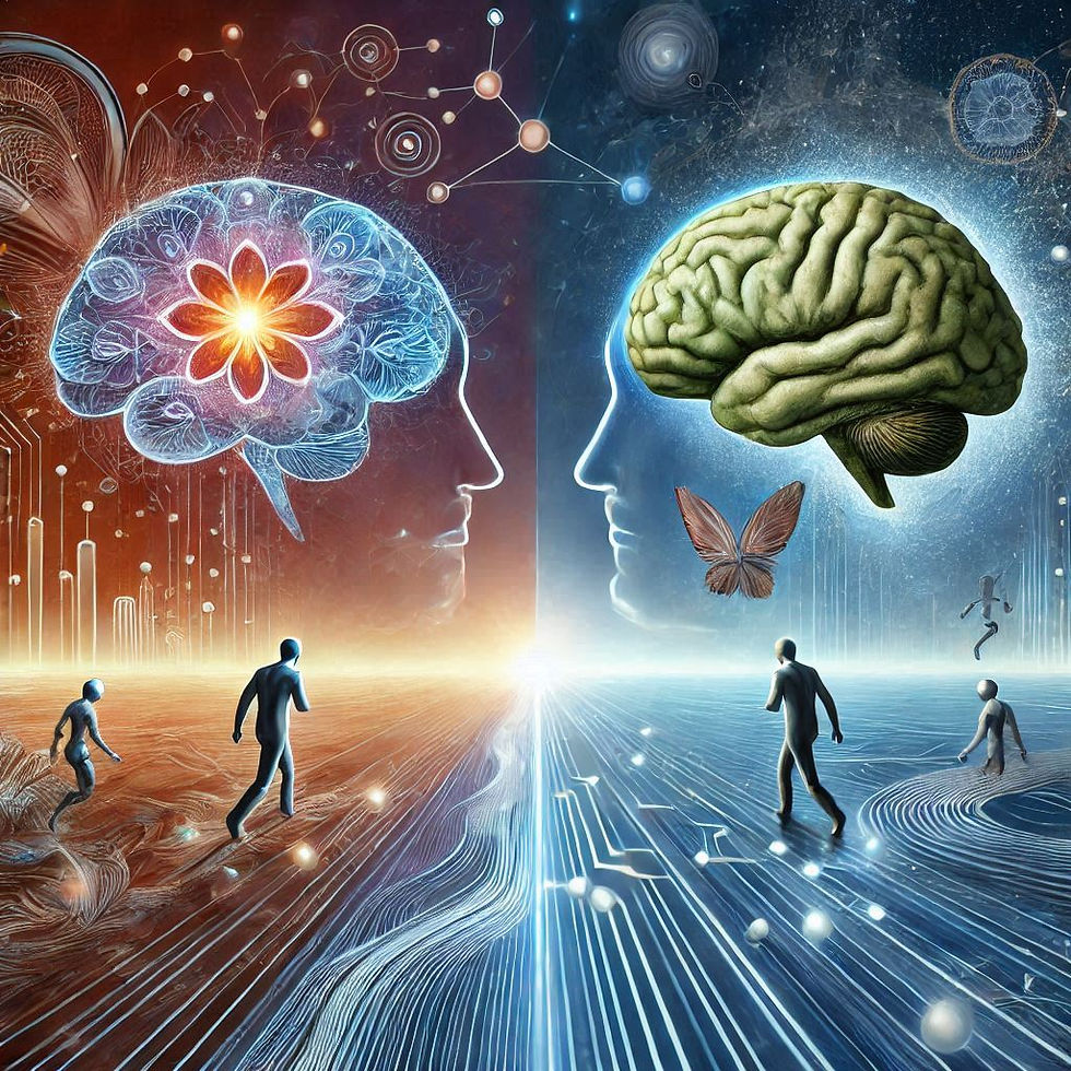 Dois cérebros, contrastantes, conectados; pessoas caminhando; Neuropsionline