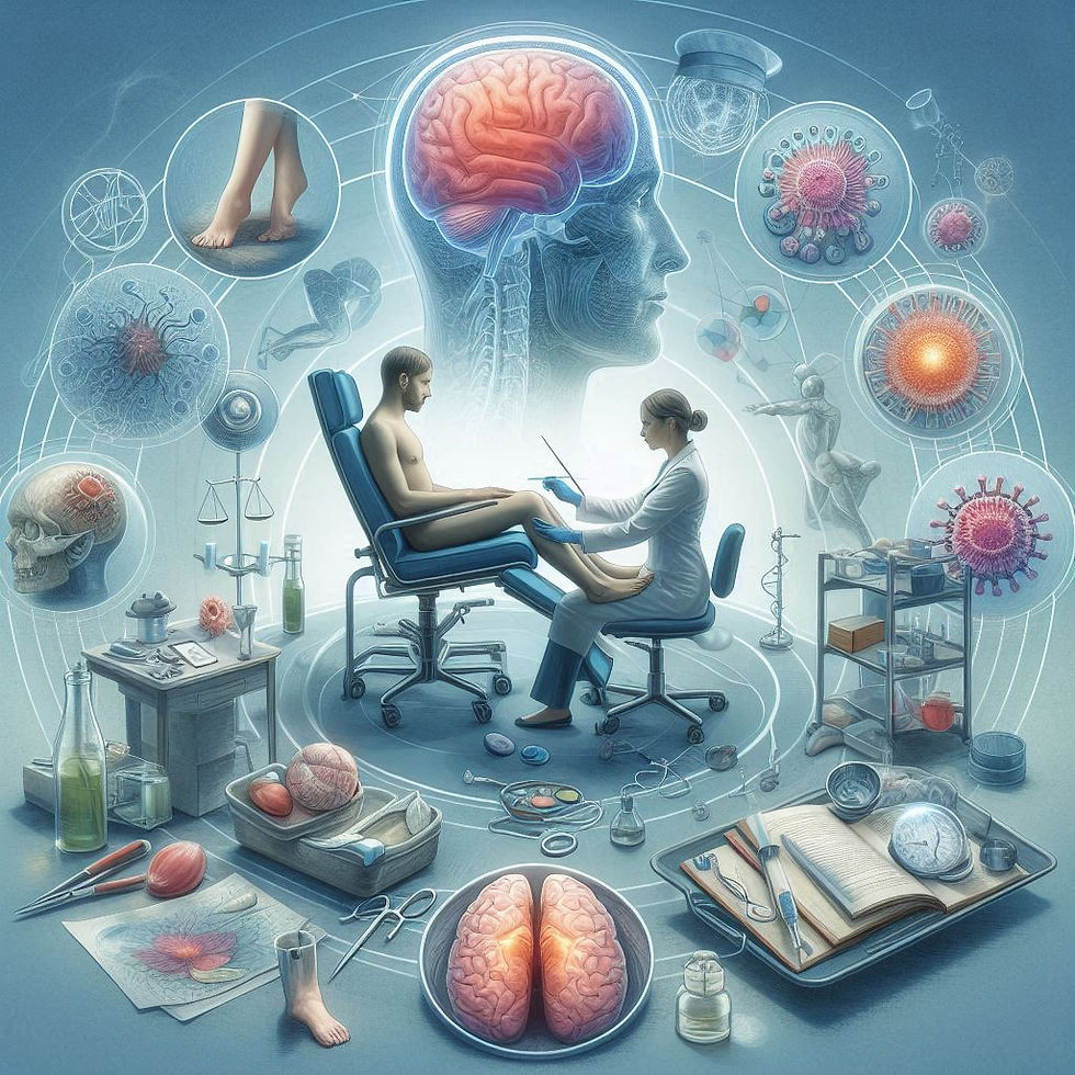 Ilustração: Médico examinando paciente, cérebro e células