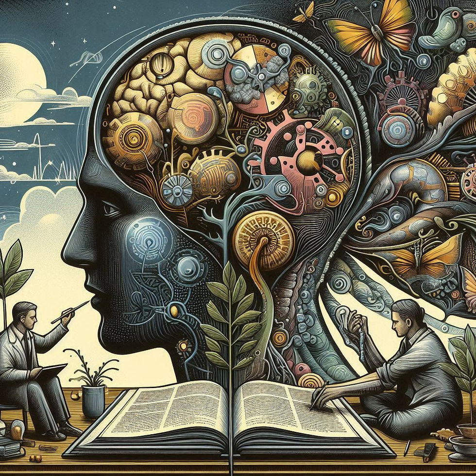 Ilustração de cérebro complexo com cientistas e livro aberto