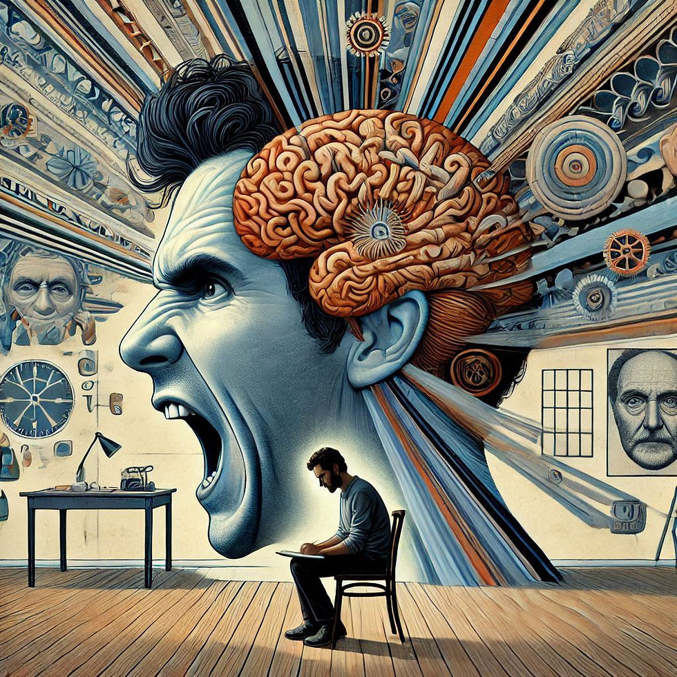Ilustração: cérebro humano, homem gritando, aprendizado