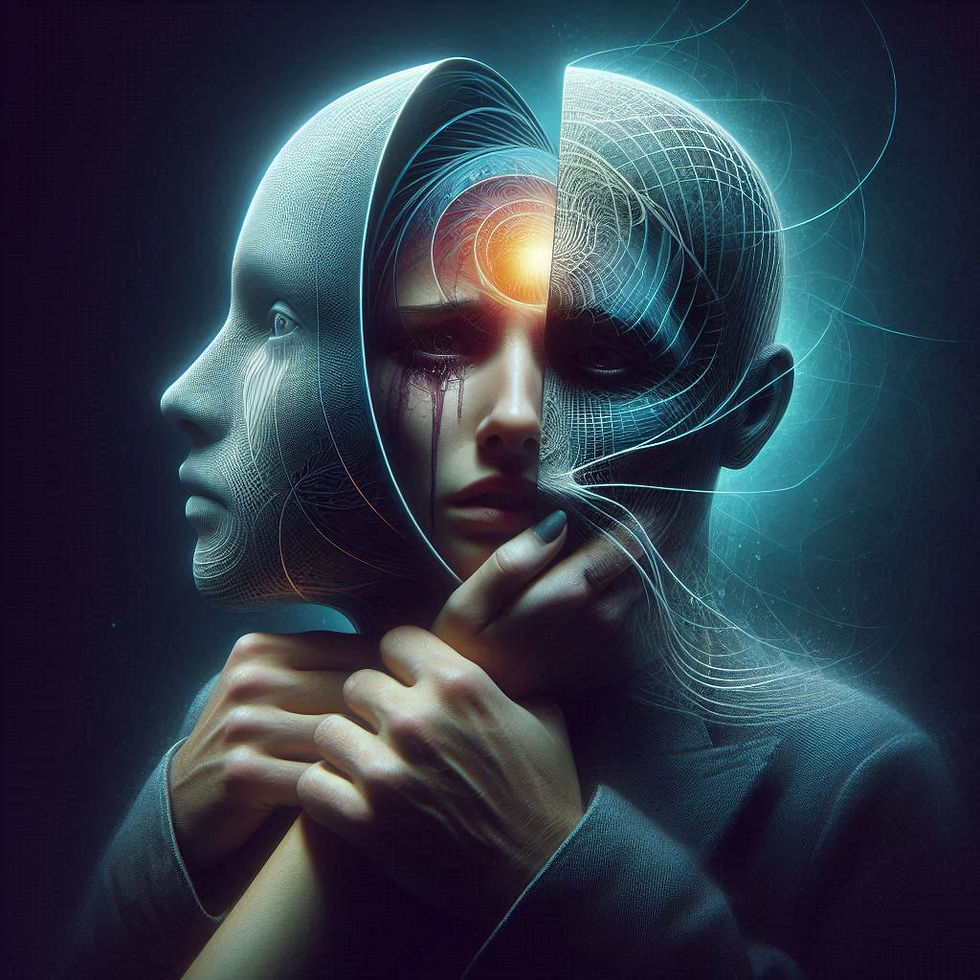Imagem surreal: rosto dividido, máscara e sofrimento