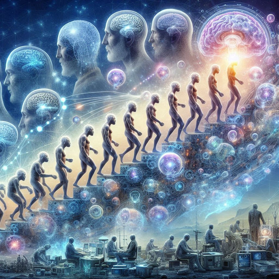 Evolução da consciência humana: de cérebros primitivos à consciência coletiva.