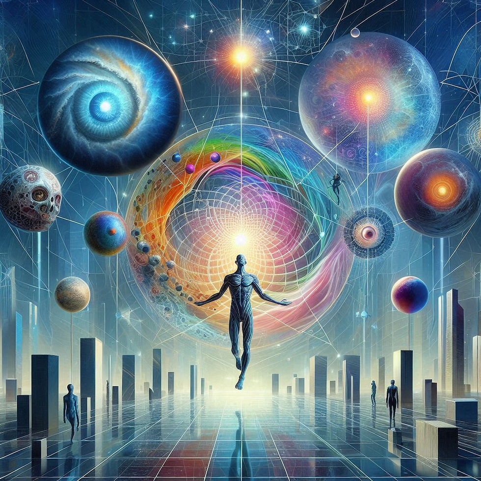 Figura humana radiante, planetas e cosmos: arte abstrata