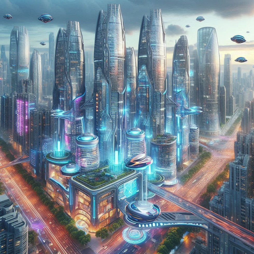 Cidade futurista com arranha-céus e veículos voadores