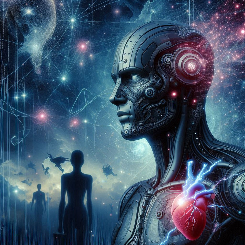 Robô futurista com coração exposto em cenário cósmico