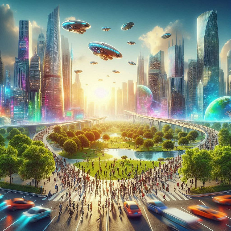 Cidade futurista vibrante com veículos voadores e pessoas
