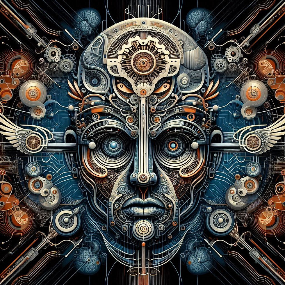 Rosto metálico complexo, arte digital, Neuropsionline