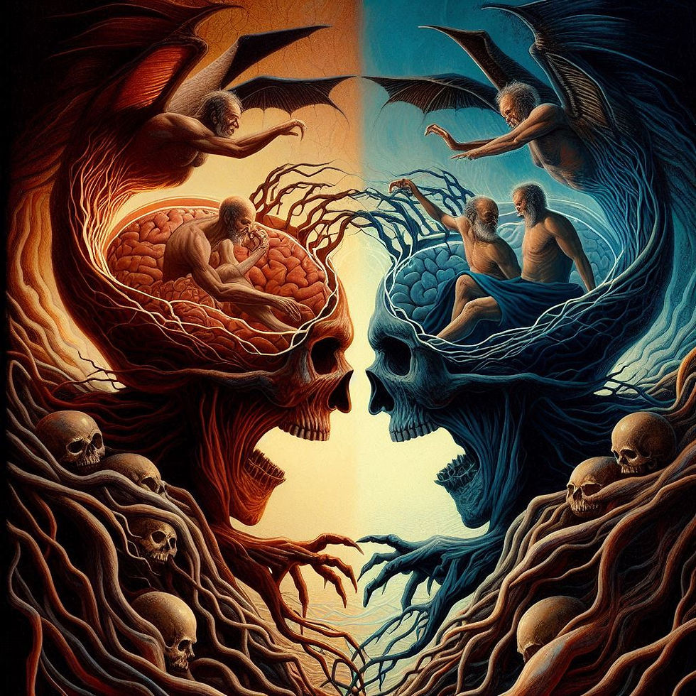 Arte surreal: dois crânios, seres alados e humanos