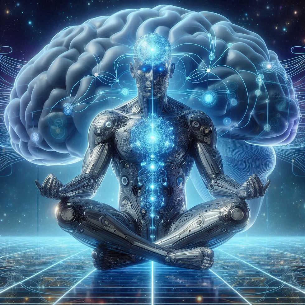 Imagem: Figura meditando com cérebro brilhante ao fundo