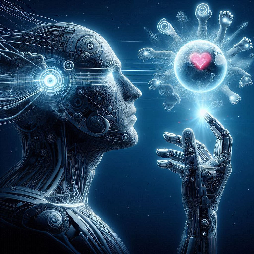 Robô contemplando esfera de amor e conexão