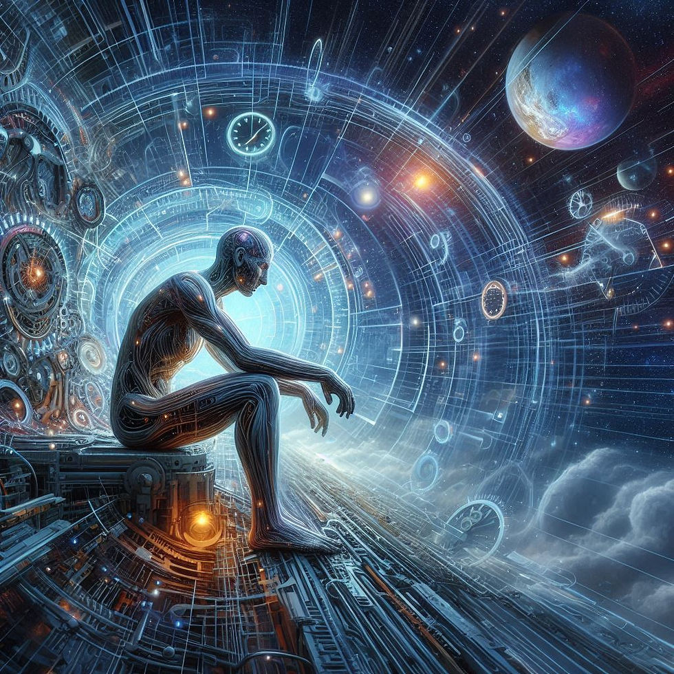 Figura contemplativa em cenário futurista de mecanismos cósmicos. Neuropsionline