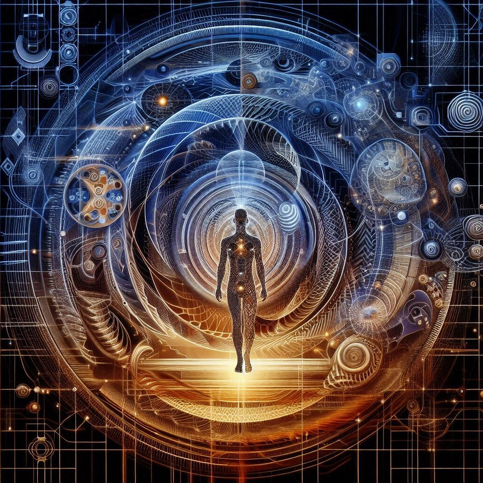 Figura humana em espiral cósmica, aprendizado e memória