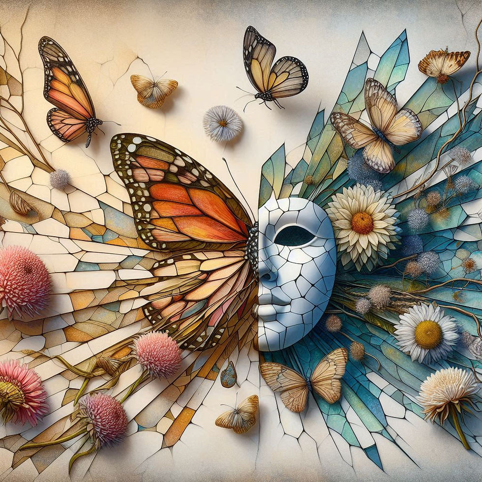 Borboleta e máscara: arte abstrata com flores e cristais
