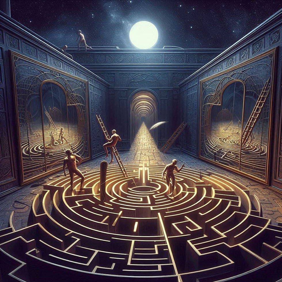 Construção de labirinto dourado sob a lua: arte surrealista, Neuropsionline