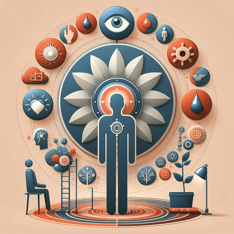 Ilustração abstrata: pessoa central, ícones ao redor