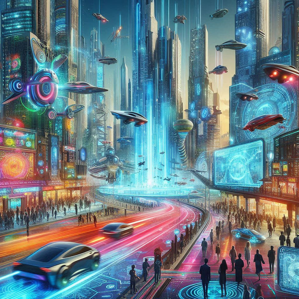 Cidade futurista vibrante com veículos voadores e arquitetura imponente