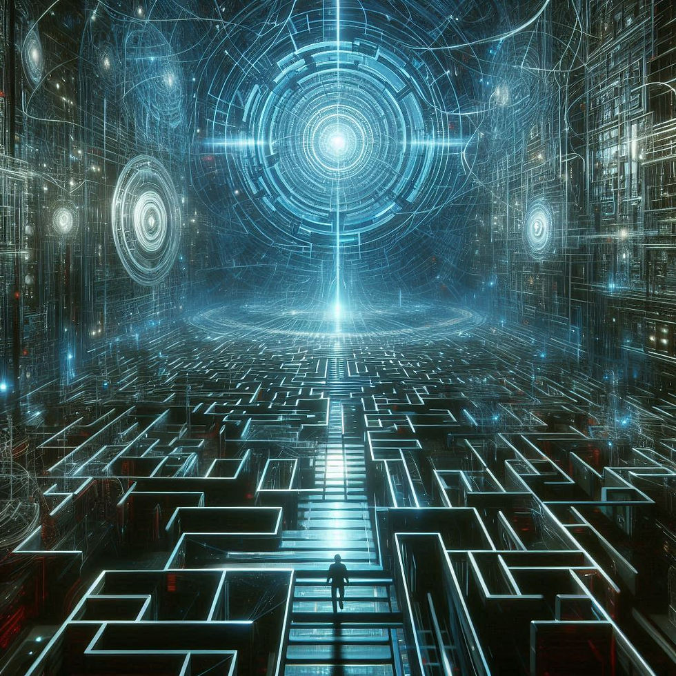 Labirinto futurista com portal de luz brilhante