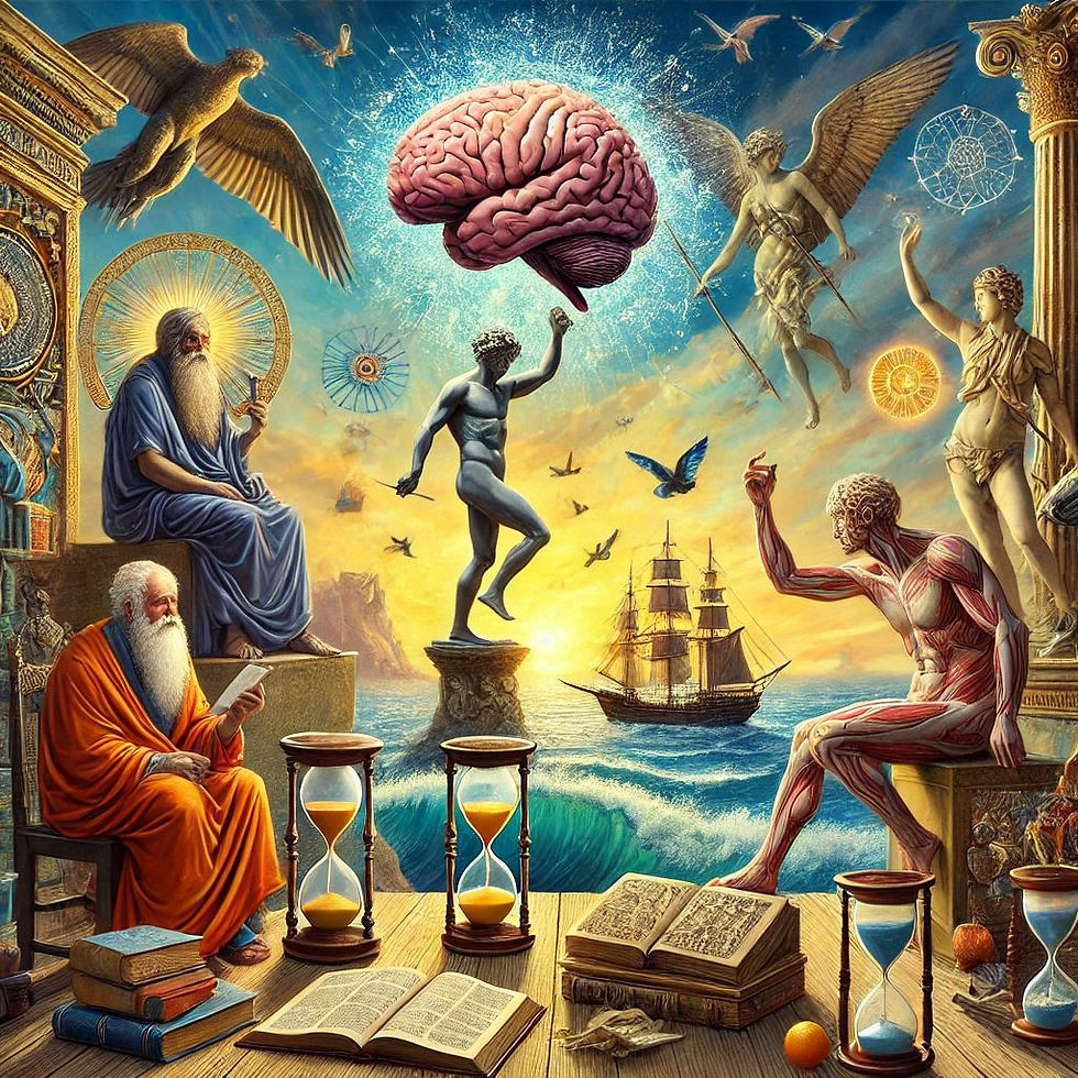 Arte abstrata: cérebro, figuras mitológicas e símbolos do tempo