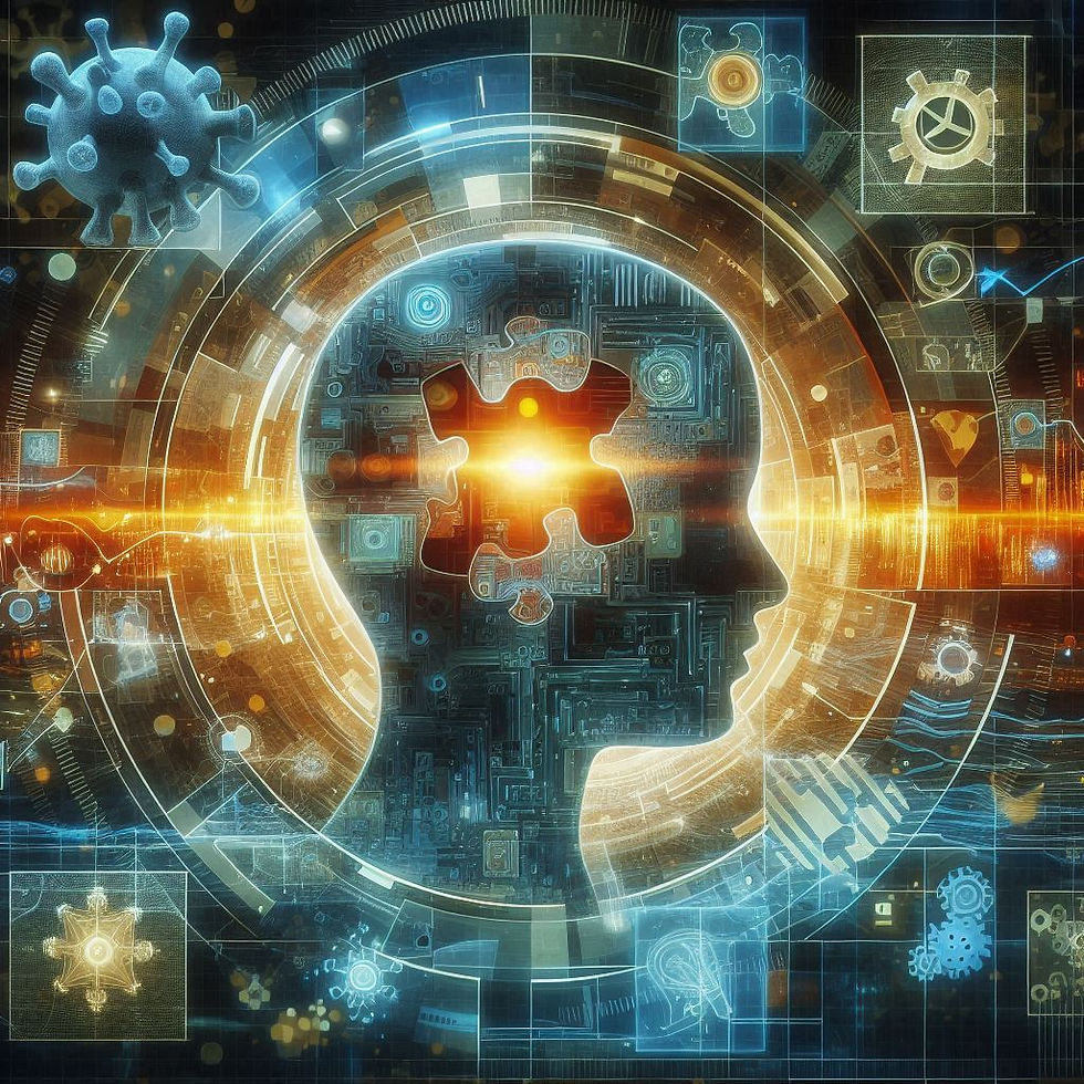 Cabeça humana com quebra-cabeça brilhante, tecnologia e saúde mental