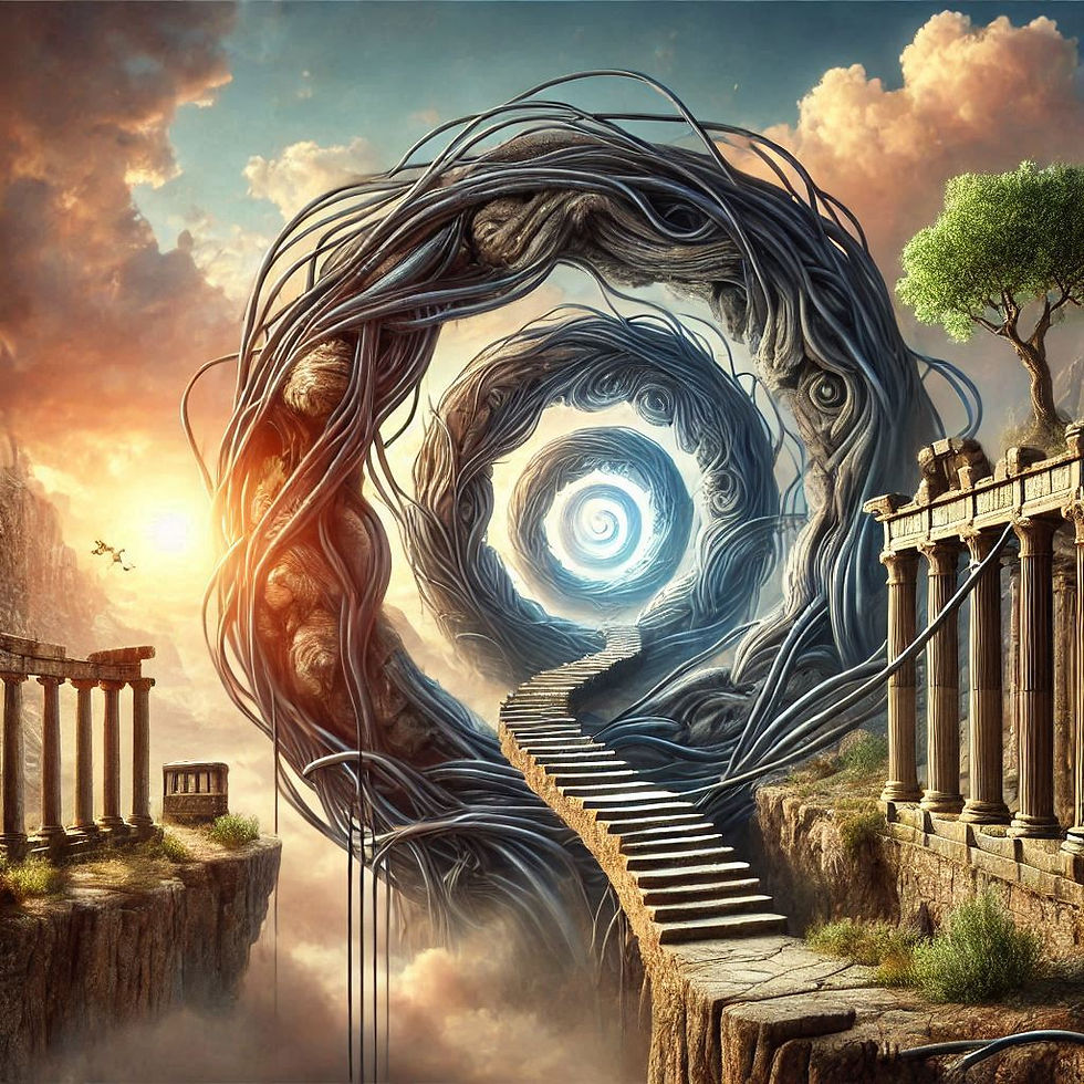 Portal espiral surreal, escadas para céu, ruínas clássicas