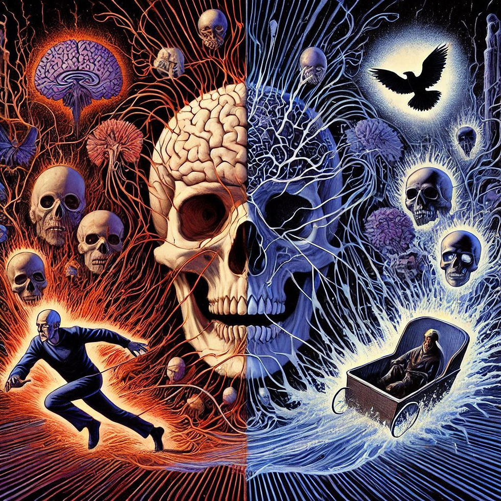 Imagem surreal: crânio dividido, figuras, pássaro