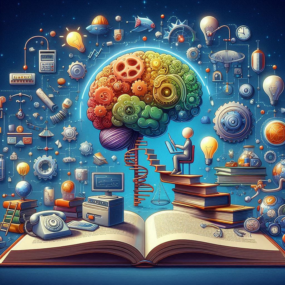 Cérebro em engrenagem aprendendo; livro aberto