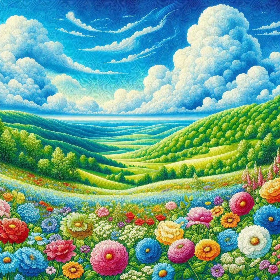 Paisagem idílica: colinas verdes, flores vibrantes e céu azul