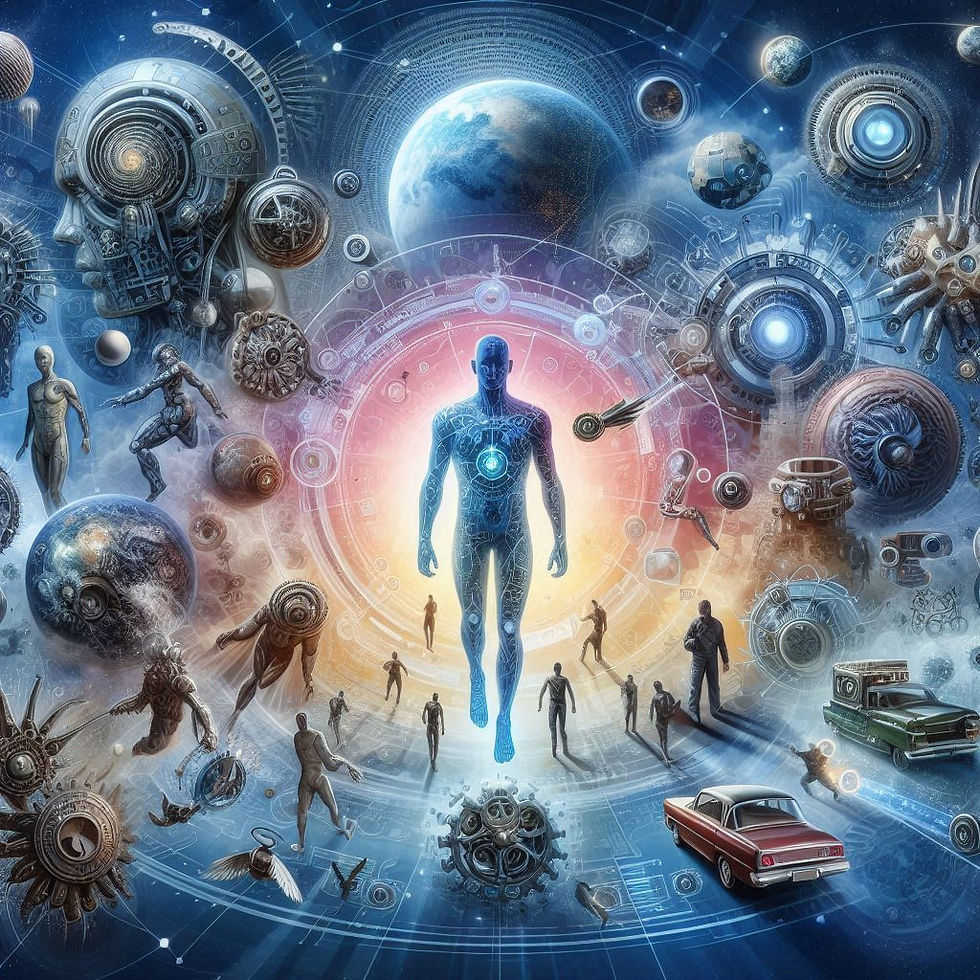 Figura humana brilhante cercada por universos e seres