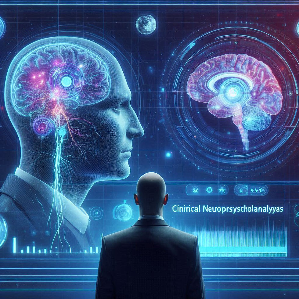 Homem observa tela com imagens cerebrais e texto 'Causal neuropsychiatry'